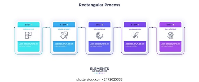 Diagrama de proceso con cinco Elementos rectangulares blancos de papel o tarjetas colocadas en fila Horizontal. Concepto de 5 pasos de desarrollo empresarial. Simple Plantilla de diseño de infografía. Ilustración vectorial plana.