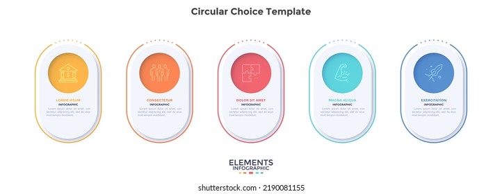 Process diagram with five rounded elements placed in horizontal row. Concept of 5 features of business project. Simple infographic design template. Modern flat vector illustration for data report.