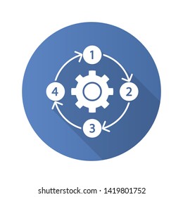 Process diagram flat design long shadow glyph icon.  PFD. Flowsheet. Continuous process map. Deployment flowchart. Step by step plan implementation. Moving in circle. Vector silhouette illustration
