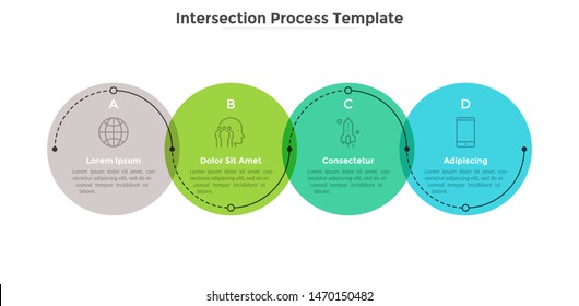 Process diagram with four intersected colorful translucent round elements. Concept of 4 development stages of business project. Flat infographic design template. Vector illustration for progress bar.