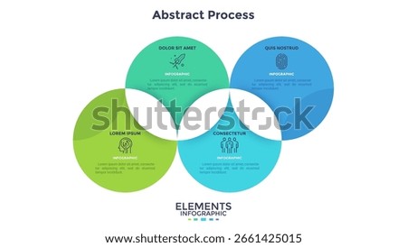 Process diagram with four intersected colorful translucent round elements. Concept of 4 development stages of business project. Flat infographic design template. Vector illustration for progress bar.