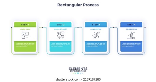 Diagrama de procesos con cuatro elementos rectangulares blancos de papel o tarjetas colocadas en fila horizontal. Concepto de 4 etapas de desarrollo empresarial. Plantilla sencilla de diseño infográfico. Ilustración vectorial plana.