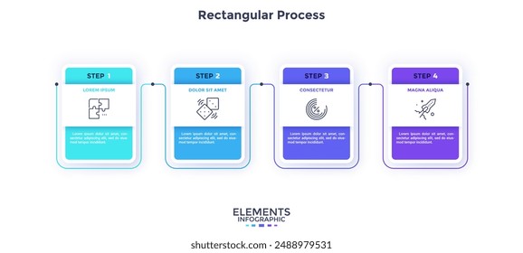 Process diagram with four paper white rectangular elements or cards placed in horizontal row. Concept of 4 steps of business development. Simple infographic design template. Flat vector illustration.