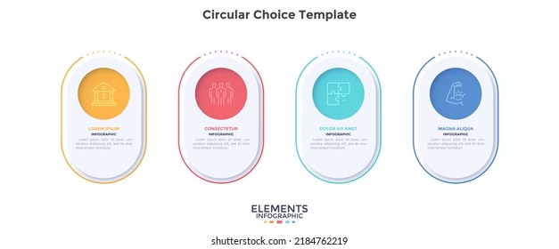 Process diagram with four rounded elements placed in horizontal row. Concept of 4 features of business project. Simple infographic design template. Modern flat vector illustration for data report.