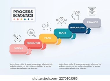 Process diagram infographic with 6 business icon. Step up to goal concept.