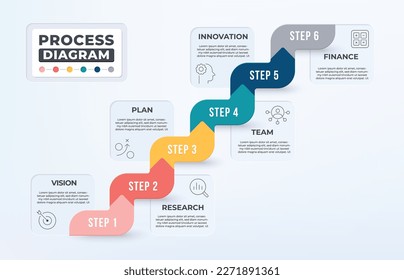 Process diagram infographic with 6 business icon. Step up to goal concept.