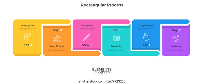 Process diagram with six colorful rectangular elements. Concept of 6 stages of financial strategy. Minimal infographic design template. Flat vector illustration for business data visualization.