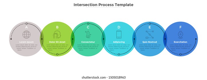 Process diagram with six intersected colorful translucent round elements. Concept of 6 development stages of business project. Flat infographic design template. Vector illustration for progress bar.