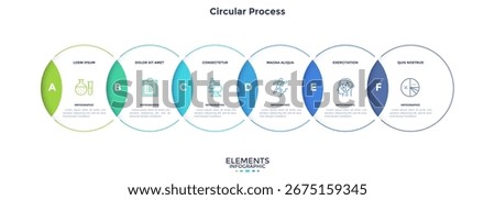 Process diagram with six intersected colorful linear round elements. Concept of 6 development stages of business project. Flat infographic design template. Vector illustration for progress bar.