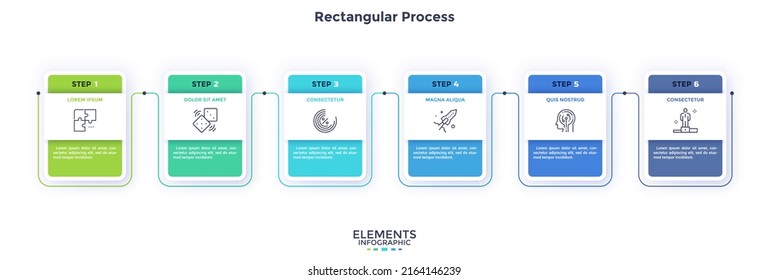 Process diagram with six paper white rectangular elements or cards placed in horizontal row. Concept of 6 steps of business development. Simple infographic design template. Flat vector illustration.