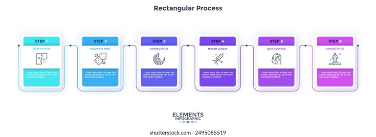 Process diagram with six paper white rectangular elements or cards placed in horizontal row. Concept of 6 steps of business development. Simple infographic design template. Flat vector illustration.