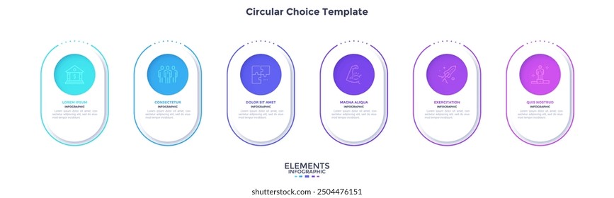 Process diagram with six rounded elements placed in horizontal row. Concept of 6 features of business project. Simple infographic design template. Modern flat vector illustration for data report.