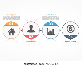 Process diagram template with circles, flowchart or workflow with four elements, steps or options, business infographics, vector eps10 illustration