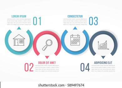 Process diagram template with circles, flowchart or workflow with four elements, steps or options, business infographics, vector eps10 illustration