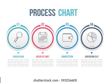 Process diagram template with circles, flowchart or workflow with four elements, steps or options, business infographics, vector eps10 illustration