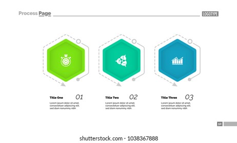 Process diagram with three elements. Step chart, timeline, slide template. Creative concept for infographics, presentation, project, report. Can be used for topics like business, strategy, planning