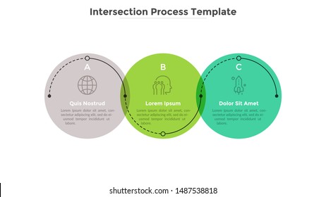 Diagrama de processo com três elementos redondos translúcidos coloridos cruzados. Conceito de 3 estágios de desenvolvimento do projeto de negócios. Modelo de design de infográfico plano. Ilustração vetorial para barra de progresso.