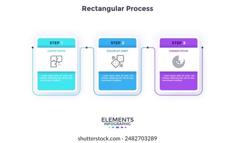 Diagrama de proceso con tres Elementos rectangulares blancos de papel o tarjetas colocadas en fila Horizontal. Concepto de 3 pasos de desarrollo empresarial. Simple Plantilla de diseño de infografía. Ilustración vectorial plana.