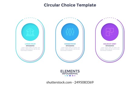 Process diagram with three rounded elements placed in horizontal row. Concept of 3 features of business project. Simple infographic design template. Modern flat vector illustration for data report.