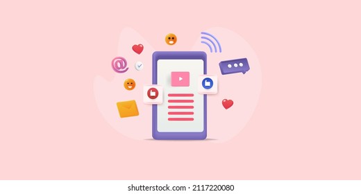 Process of digital marketing through social media on mobile device, mobile marketing concept - 3D design vector illustration with icons