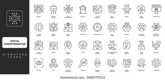 Digitalización de procesos, innovación empresarial inteligente Ilustración vectorial de símbolos de contorno fino negro y rojo Transformación digital, análisis y computación en la nube, automatización de la IA del conjunto de iconos de líneas de la industria.