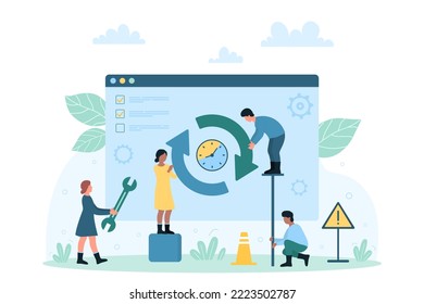 Process of downloading new software version vector illustration. Cartoon tiny people update and reload operation system, characters load digital product on computer and refresh download status