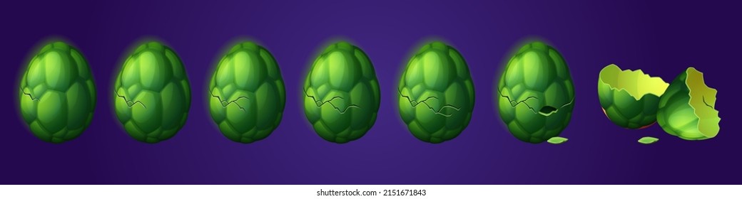 Process of dragon egg break. Vector cartoon set of steps of magic animal or alien monster born. Animation sprite sheet with fantasy green egg with cracks and shell halves