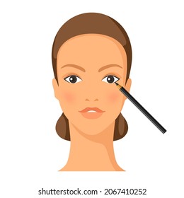 Process of drawing eyeliner to eye. Illustration of beautiful woman with make up.