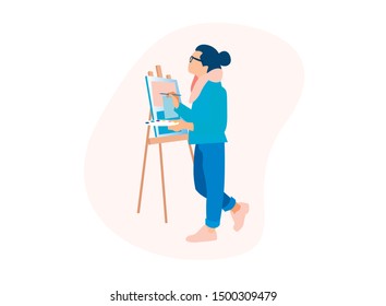 Process of Drawing. Man Artist Work with Oil Paints Isolated on White Background. Painter Hold Paintbrush in Hand in Front of Canvas on Easel. Creative Occupation. Cartoon Flat Vector Illustration