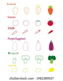 The process of drawing vegetables and coloring. Vegetable lines.