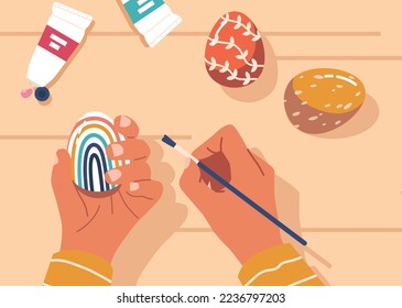 Process Of Dyeing Eggs With Paints For Easter Traditional Event. Person Making Dyed Eggs On Wooden Table Background Top View. Dye Staining With Food Coloring. Cartoon Vector Illustration