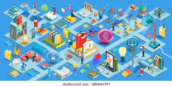 The process of education, the concept of learning and reading books in the library and in the classroom. University studies. Isometric flat design. Vector illustration