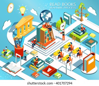 The process of education, the concept of learning and reading books in the library and in the classroom. University studies. Online education Isometric flat design. Vector illustration
