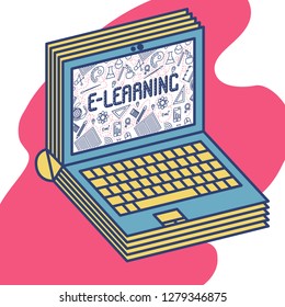The process of education. Laptop as an Ebook icons. Online education. The concept of e-learning. Getting an education. Vector line illustration.