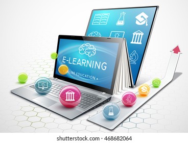 The process of education. Laptop as an Ebook. Online education. The concept of learning. Getting an education. Vector illustration.