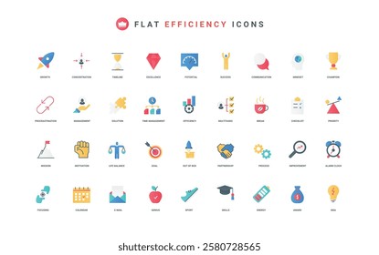 Process efficiency, skill and motivation for improvement, priority work color icon set. Success and goal focus, multitasking efficient operations to optimize project flat elements vector illustration