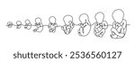 The process of embryo development drawn with one line. The growth of a child in the womb from conception to birth. Simple vector illustration on white background.