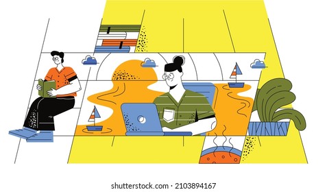 The process of the emergence of inspiration and creative solutions. A girl sits at a computer and around her is an orange sea and ships with clouds. The guy is sitting on the stairs and reading a book