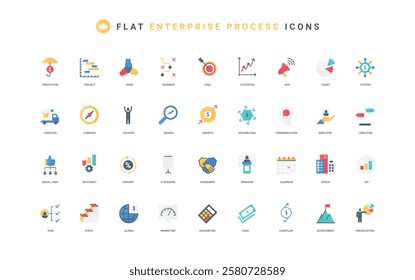 Process of enterprise, efficiency of management and communication in corporate company color icon set. Accounting, steps to solve tasks, direction for growth flat elements vector illustration