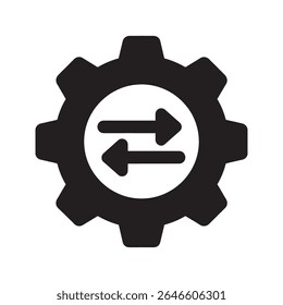 Process exchange icon with a gear and arrows symbolizing workflow integration system operation and a continuous cycle of development or transfer vector solid glyph icon