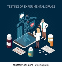 Process Of Experimental Drugs Testing Using Digital Twin Technology Isometric Composition With Virtual Model Scientists Medicine 3d Vector Illustration