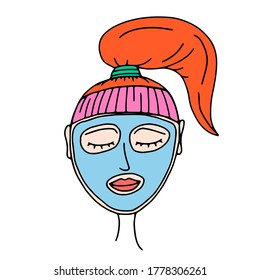 Prozess der Gesichtsmaske im Doodle-Stil. Vektorgrafik von weiblichem Gesicht mit Tonmaske einzeln auf weißem Hintergrund.