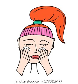 Process of facial skin moisturizing with face cream in doodle style. Vector illustration of woman face with hands on it isolated on white background.