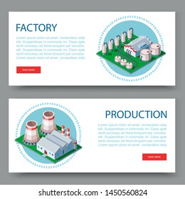 Process factory. Technology plant set of two flat vector banners. Manufacturing plants and factory icons with place for your text isolated on white background.