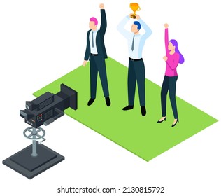 Process of filming concept. Shooting scene with people celebrating victory for movie about business. Working on making film, video creation using camera. Actors play role, rejoice at winning, success