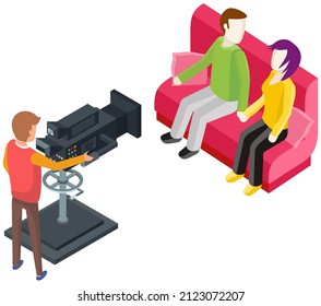 Process of filming in pavilion with actors and staff. Shooting scene of happy family for movie. Working on making movie for cinema in film studio. People play role and work with equipment on set