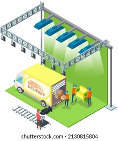 Process of filming in pavilion with actors and staff. Shooting scene of goods delivery for movie. Working on making movie for cinema in film studio. People play role and work with equipment on set