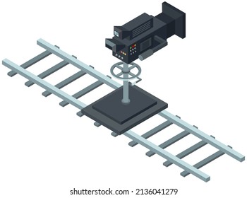 Process of filming in pavilion. Movie creation equipment for shooting video in film studio. Professional camera on rails for moving around set. Camera for cinematography vector illustration