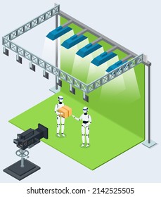 Process of filming in pavilion. Shooting scene with robots for movie about future. Working on making film for cinema in studio, film creation concept. Actors play role and work by script on set