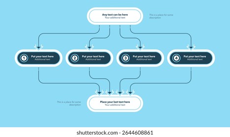 Process flow diagram divided into four options - blue version. Simple chart design with thin lines for workflow layout, banner or web design.